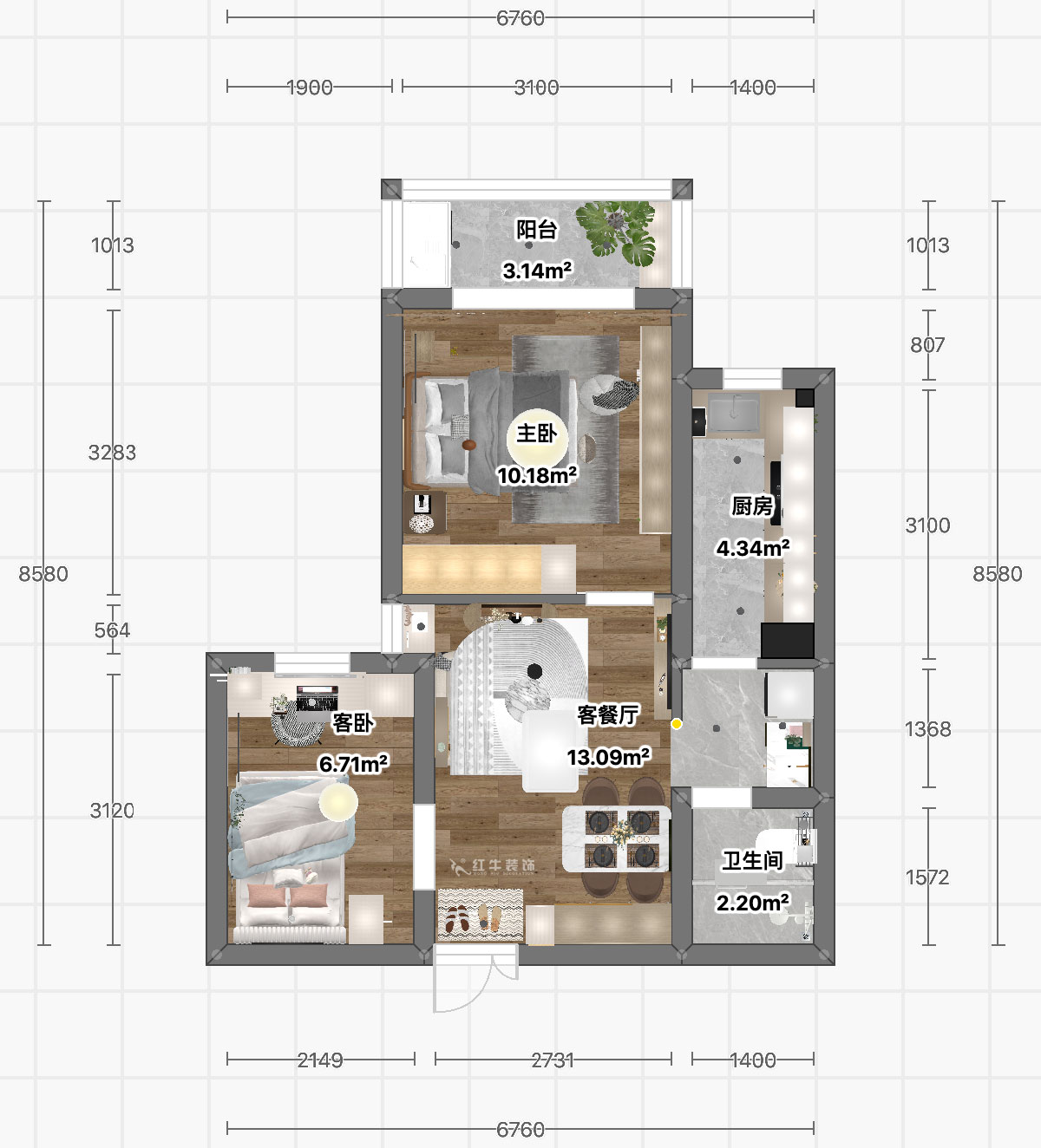 顾娟｜丹凤新寓1-803-60㎡-现代风格｜2室2厅1卫｜旧房装修｜定制家｜全包11